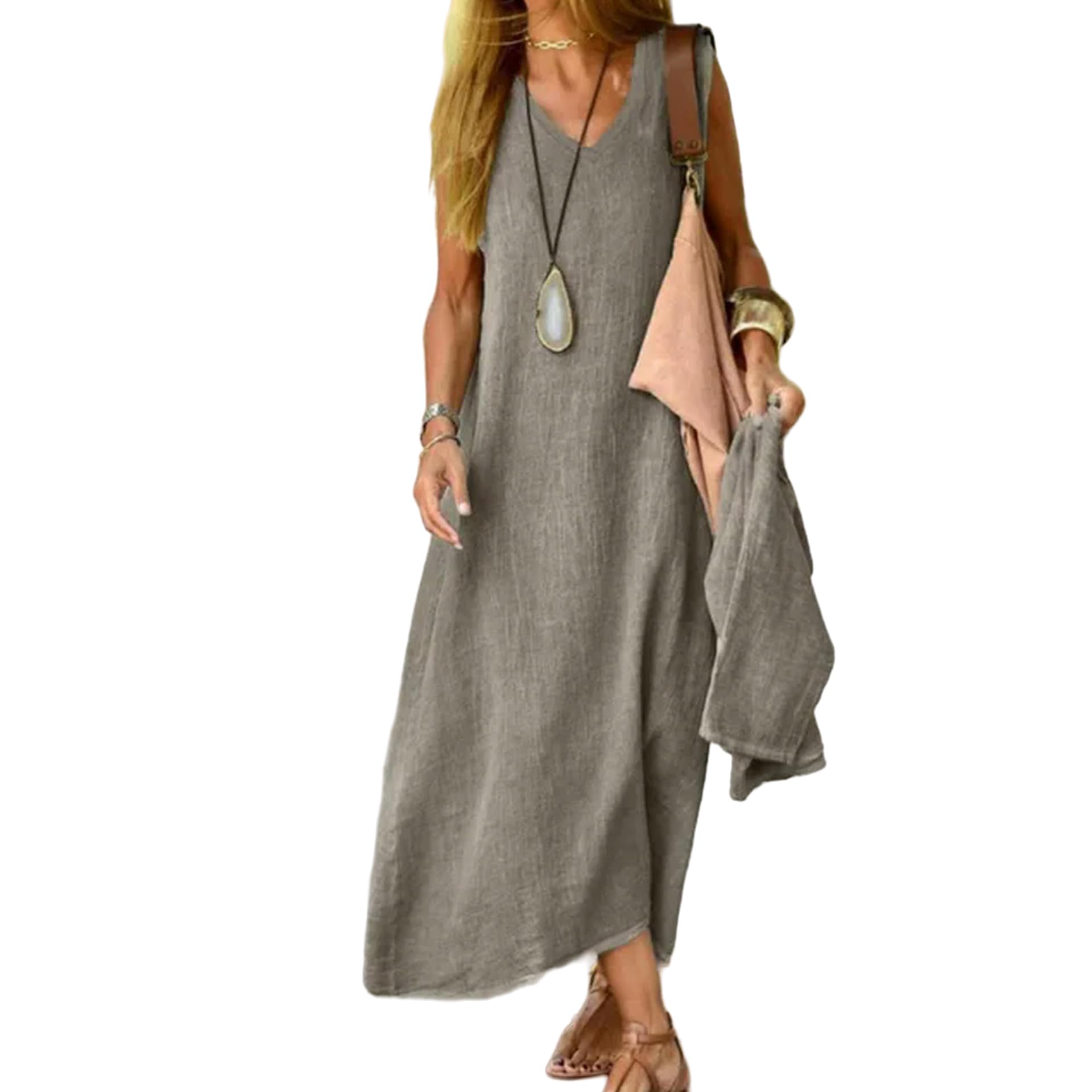Juketron Vestidos de Verano 2024 para Mujer, Vestido Largo sin Mangas con Cuello en V, Vestidos de Playa de Color sólido, Vestido Informal Suelto de Lino y algodón
