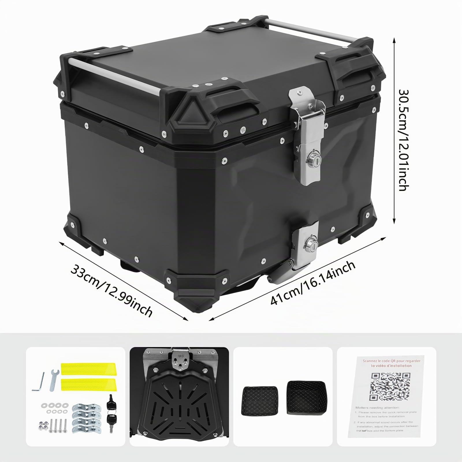 Coffre de Moto en Alliage d'Aluminium, Topcase Étanche avec Serrure de Sécurité et Doublure en Cuir, pour Ranger les Casques (45L)