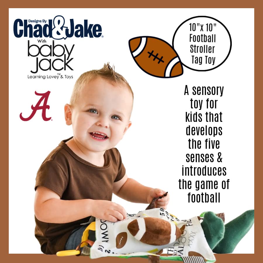 Alabama College Crinkle Learning Lovey Sensory Plush Blanket - Tag Toys for Babies - Baby Stroller Toys - Sports Team Pride MVP Registry Gift w/Stroller Clip (10x10 Football)