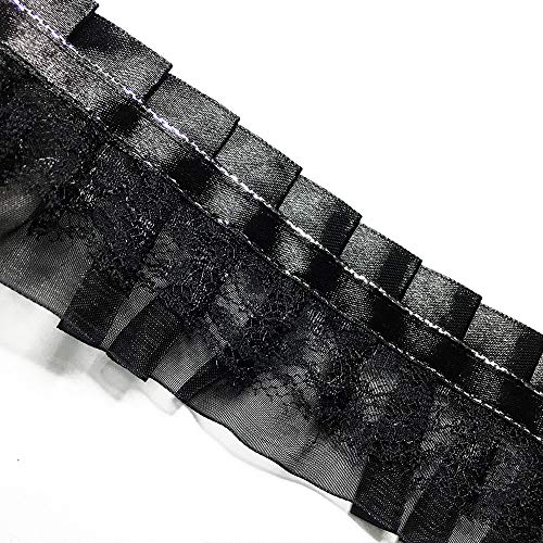 eJoyce 1-7/8\" Ruffled Organza Lace with Pleated Satin Ribbon Trim by 2-Yards, HDL-053 (Black/Silver)