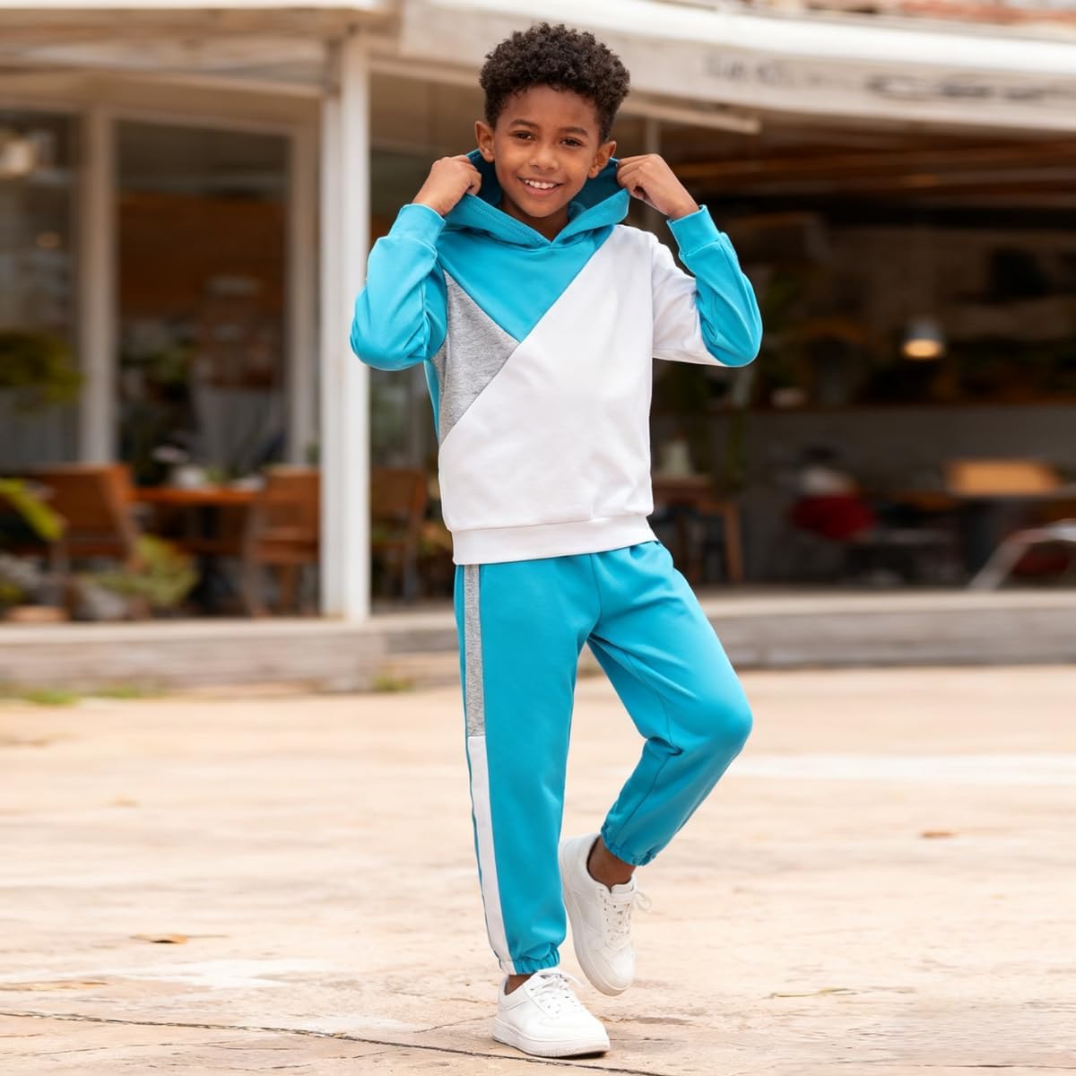 Boys Clothes 2pcs Tween Boy Color Block Hoodie + Pants Little Boys Fall Winter Outfits Set, 4-12 Years - Image 2