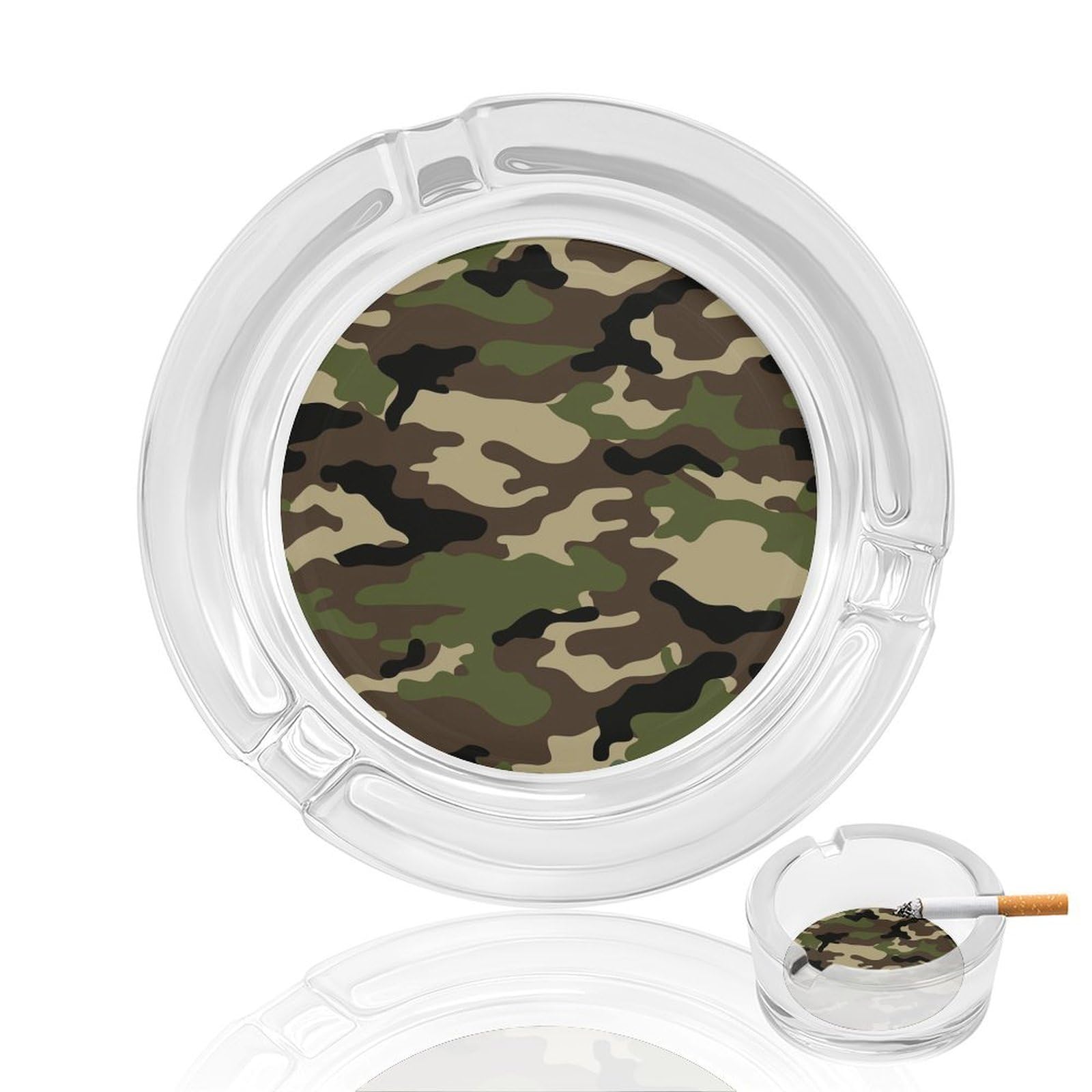 Camouflage Pattern22 Glass Ashtray 3.3 Inch Round Cigarette Ash Holder with 4 Grooves for Home Office Outdoor One Size