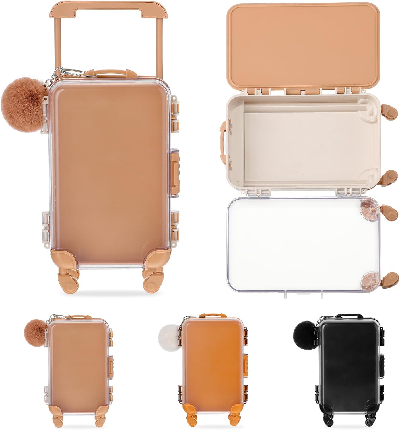 Novabright 6 Pcs Mini Suitcase Party Favor Box with Plush Ball Keychain 6.1 x 4.33 x 2.17 Inch Clear Mini Suitcase Gift Box for Bridal Shower Baby Shower Wedding Party Favor (Khaki,Black,Brown)