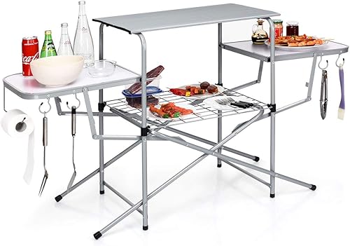 GYMAX Mesa de campamento plegable de aluminio, mesa de parrilla al aire libre con mesa auxiliar, ganchos y bolsa de transporte, mesa de picnic