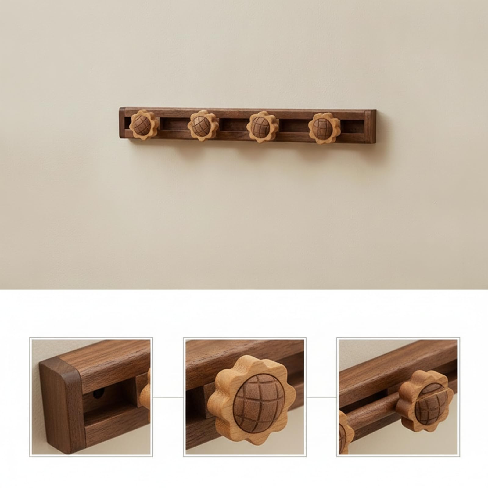 Gancio da Parete Appendiabiti Portabiti Attaccapanni Appendichiavi in Scuro con Binario Rettangolare E Ganci Regolabili Stile Essenziale Adatto per, 4 Hooks, Sunflower