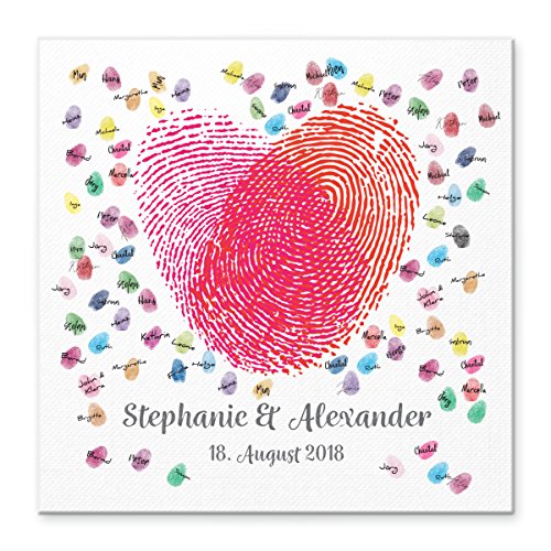 Madyes Leinwand Hochzeit Fingerabdruck Gästebuch personalisiert Herz Fingerabdrücke für das Brautpaar als Geschenk, Hochzeitsdekoration, Namen mit Datum. 50x50 cm groß auf Keilrahmen Holz Cover