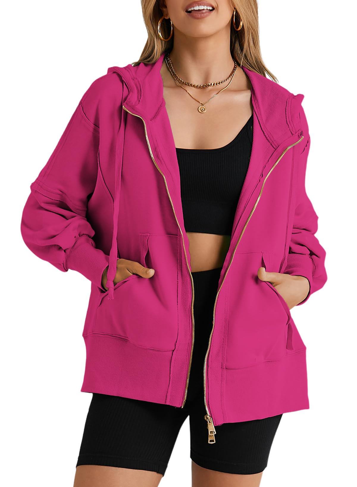 Damskie czarne bluzy oversize bawełniane lekkie zapinane na zamek bluzy z kieszenią na co dzień sweter z długim rękawem luźna lekka kurtka dla nastolatków Y2K ubrania S