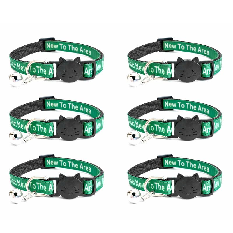 Worded Cat Collars – Please Do Not Feed Me, I Am Microchipped | Safe Quick Release Breakaway Buckle | Zacal Cat Collars (Pack of 6, Green, I Am New To The Area)