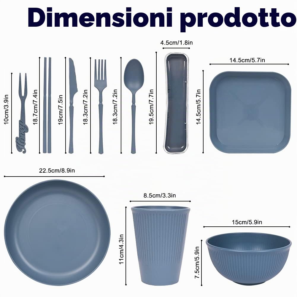 Stoviglie da Campeggio, Piatti e Posate Kit 58 Pezzi con Borsa Portatile, Piatti, Ciotole Tazze Forchette Cucchiai, per Picnic, Feste, Barbecue, Campeggio, Adatto per 5 Persone