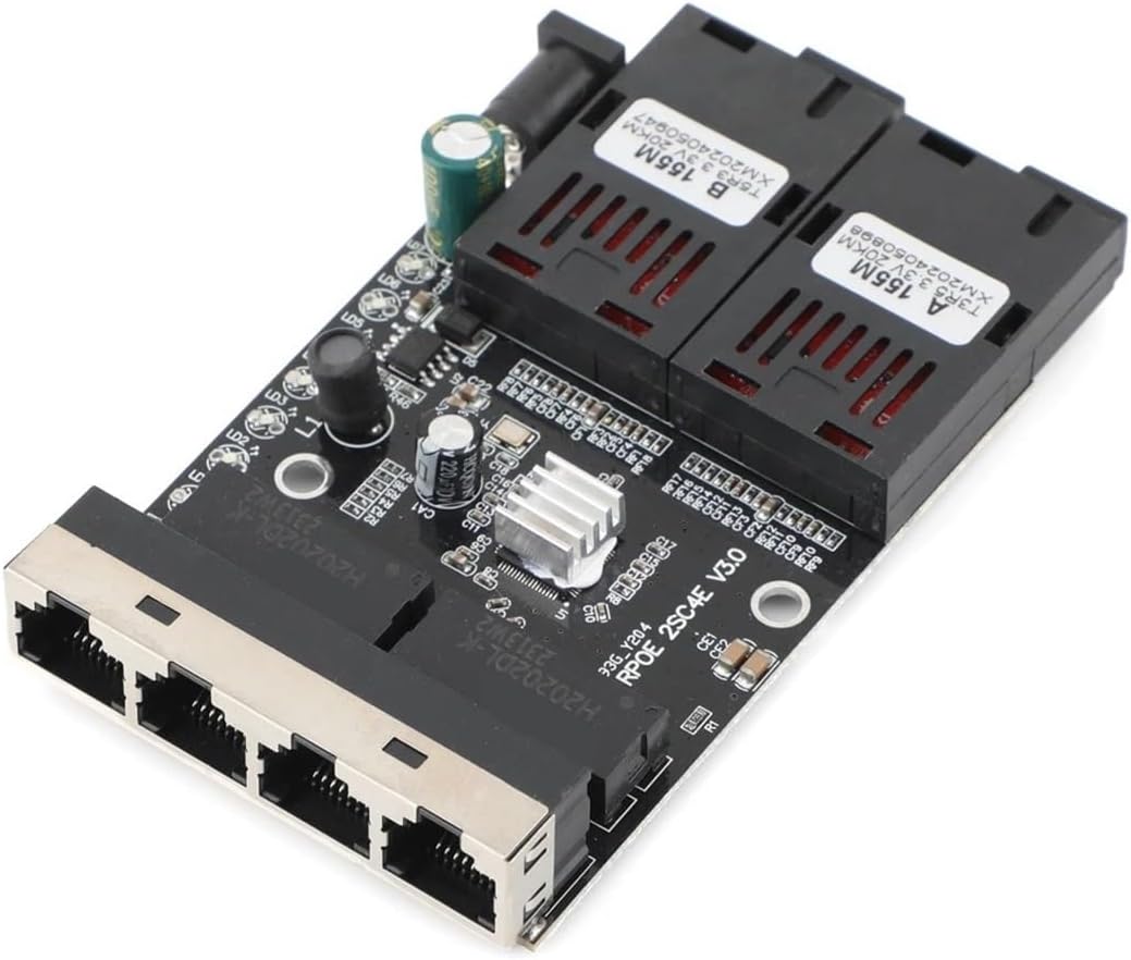 100M Fiber Optic Media Converter with 4 RJ45 to 2 SC A+B Connectors, 1310nm/1550nm Ports, PCBA, 20KM