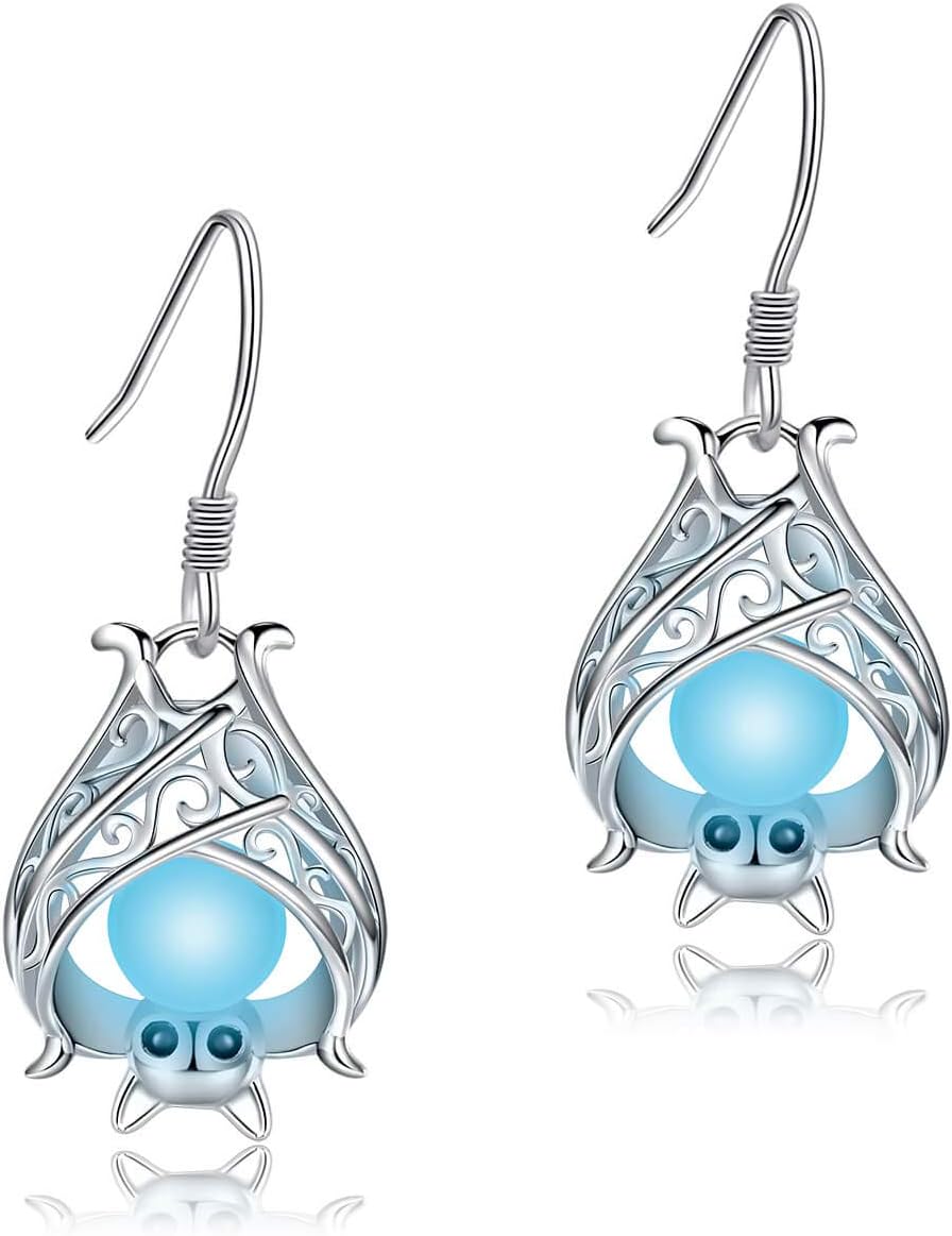 Cute Bat Earrings Sterling Silver Glowing in The Dark Animal Dangle Earring Little Witchy Vampire Halloween Jewelry Gift for Women