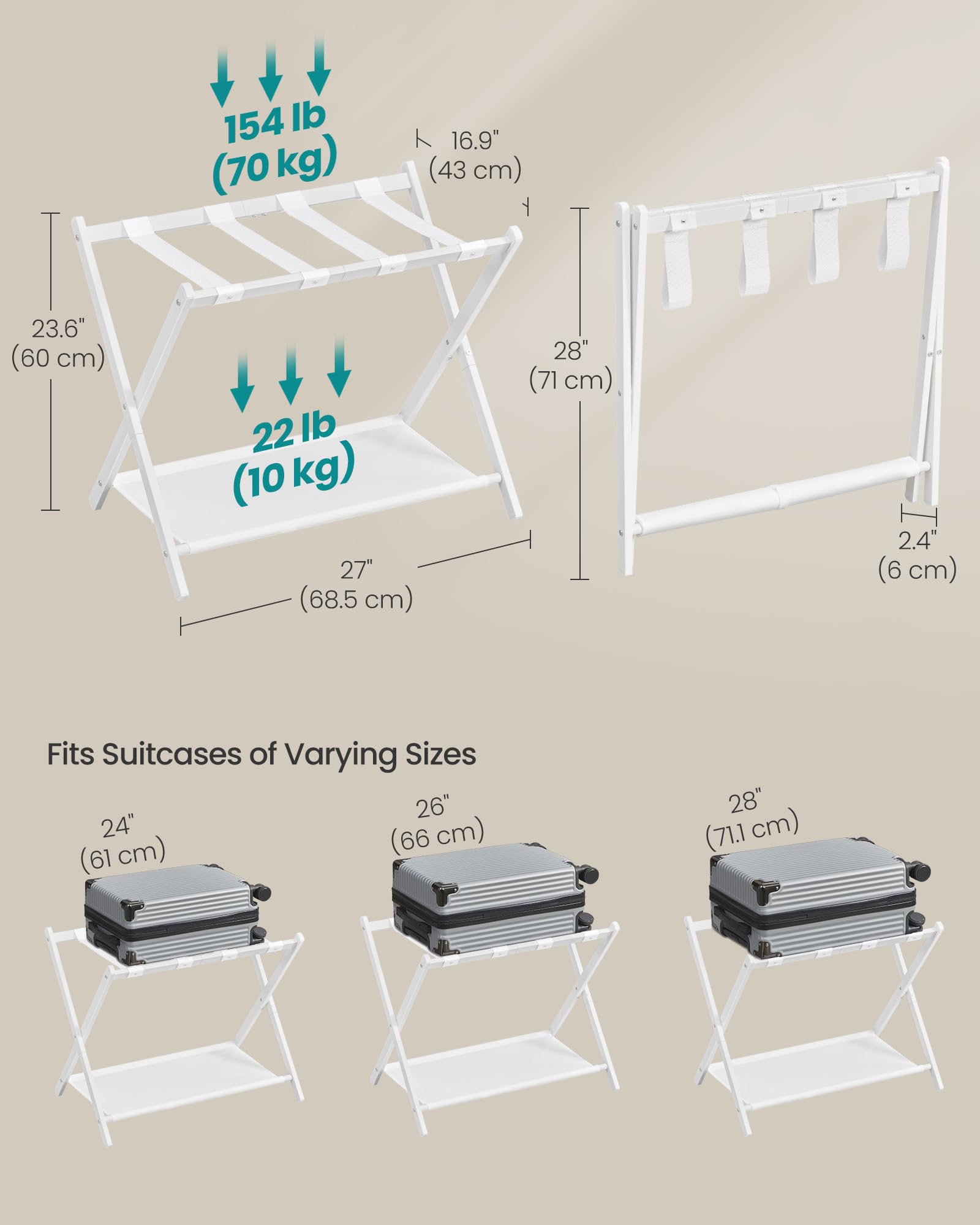 SONGMICS Portapacchi per camera degli ospiti, set di 2, supporto per valigie con ripiano portaoggetti, telaio in acciaio, pieghevole per una facile conservazione, hotel, camera da letto, bianco nuvola
