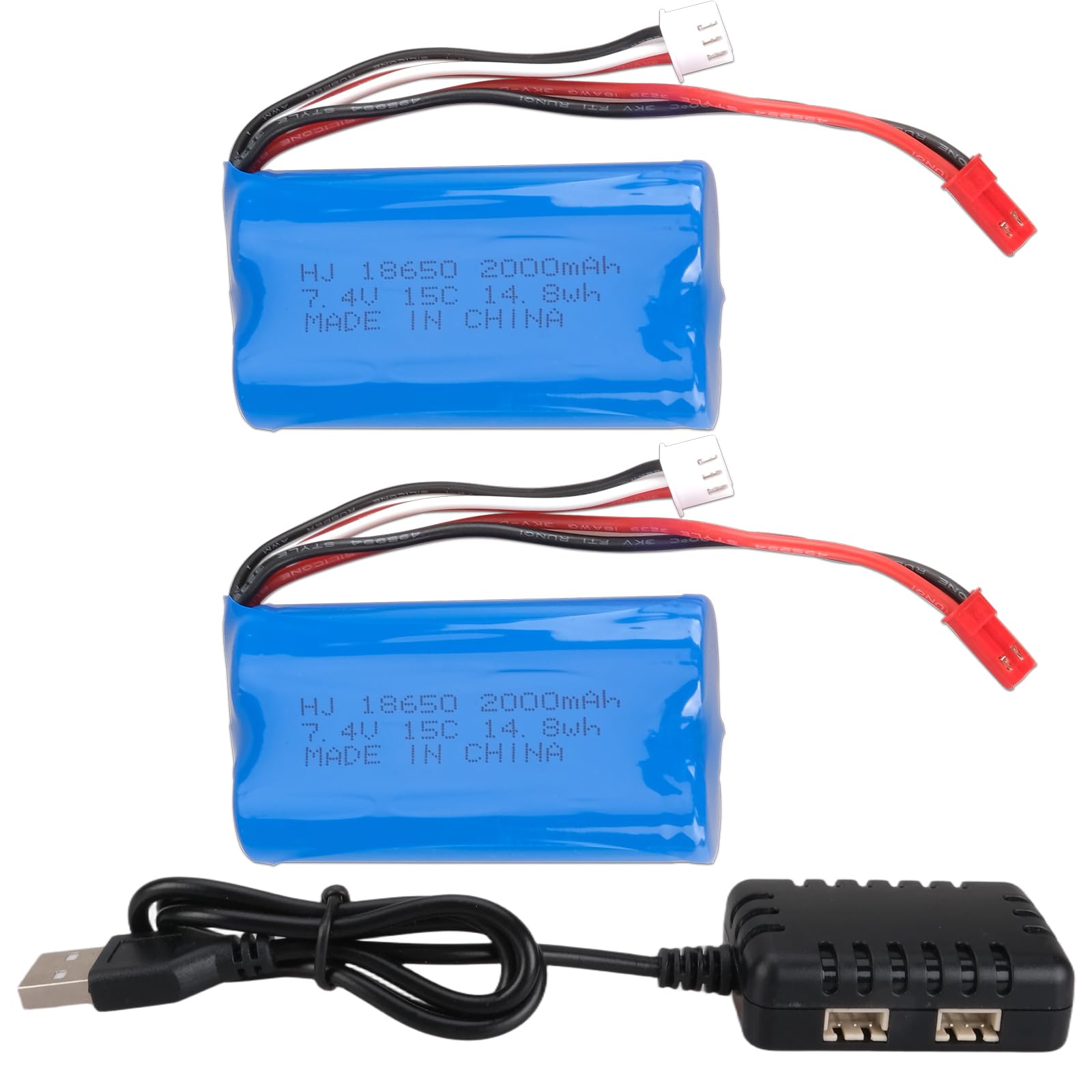 2 Pack 2000mAh 7.4V 2S 15C High Rate 2S Li-ion RC Batteries with JST Connector, Universal for RC Cars, Trucks, Helicopters and Boats, with 1-to-2 USB Charger