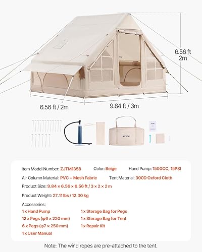 Miniatura 7 de VEVOR Inflatable Tents for Camping, Easy Setup Blow up Tent with Hand Pump, 4 Season Glamping Tent with Stove Jack, Doors & Mesh Windows, Storage