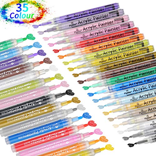 GEEDIAR Acrylstifte für Steine Wasserfest 35 Farben Permanent Marker Stifte 0.7mm & 3mm Tip Steine bemalen Set für Kinder, Papier, Glas, DIY, Leinwand, Metall, Holz, Glasmalerei, Keramik, Basteln