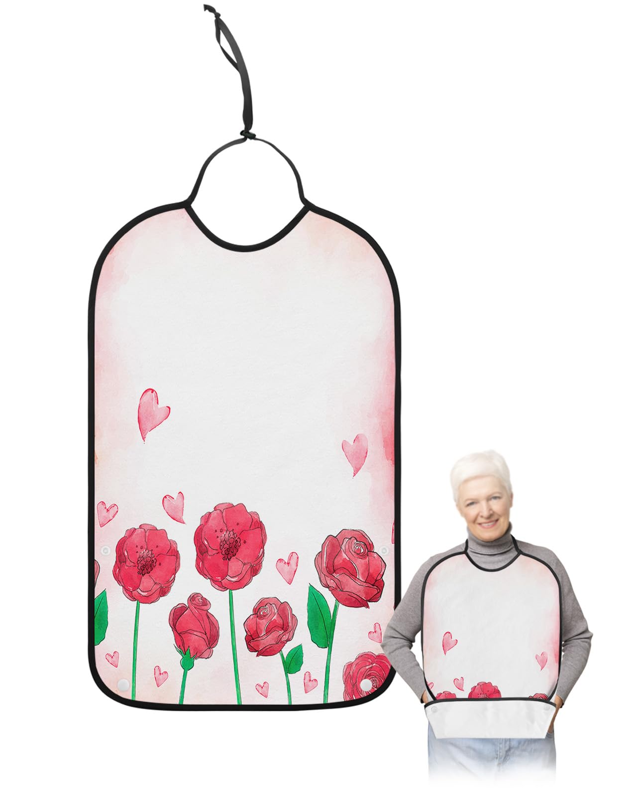 LEOKOTI Red Valentines Adult Bibs for Eating, Waterproof Bibs with Food Catcher & Adjustable Snap Closure, Watercolor Pink Love Heart Washable Clothing Protectors Adult Bibs for Elderly Women/Men