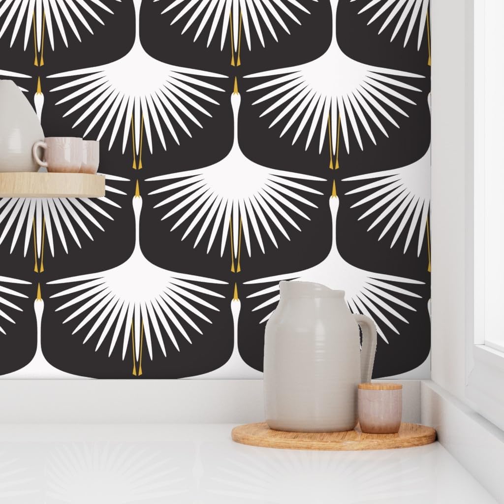 Spoonflower Removable Wallpaper 3ft x 2ft - Bird Black White Art Deco Feathers Swan midcentury Custom Pre-Pasted Wallpaper