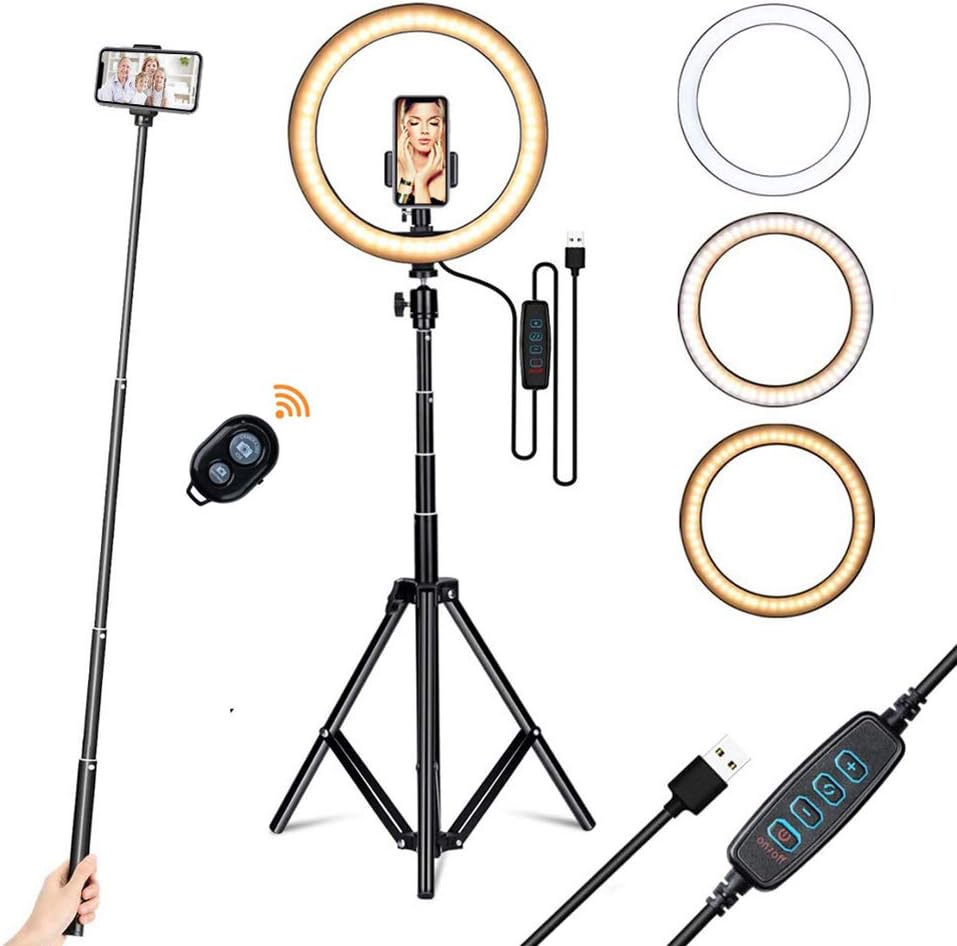 Blogger Selfie Ring Light with Adjustable Tripod Stand And Phone Holder, 10'' Dimmable LED Lighting Kit for Youtube Blogging,1.6m stand a
