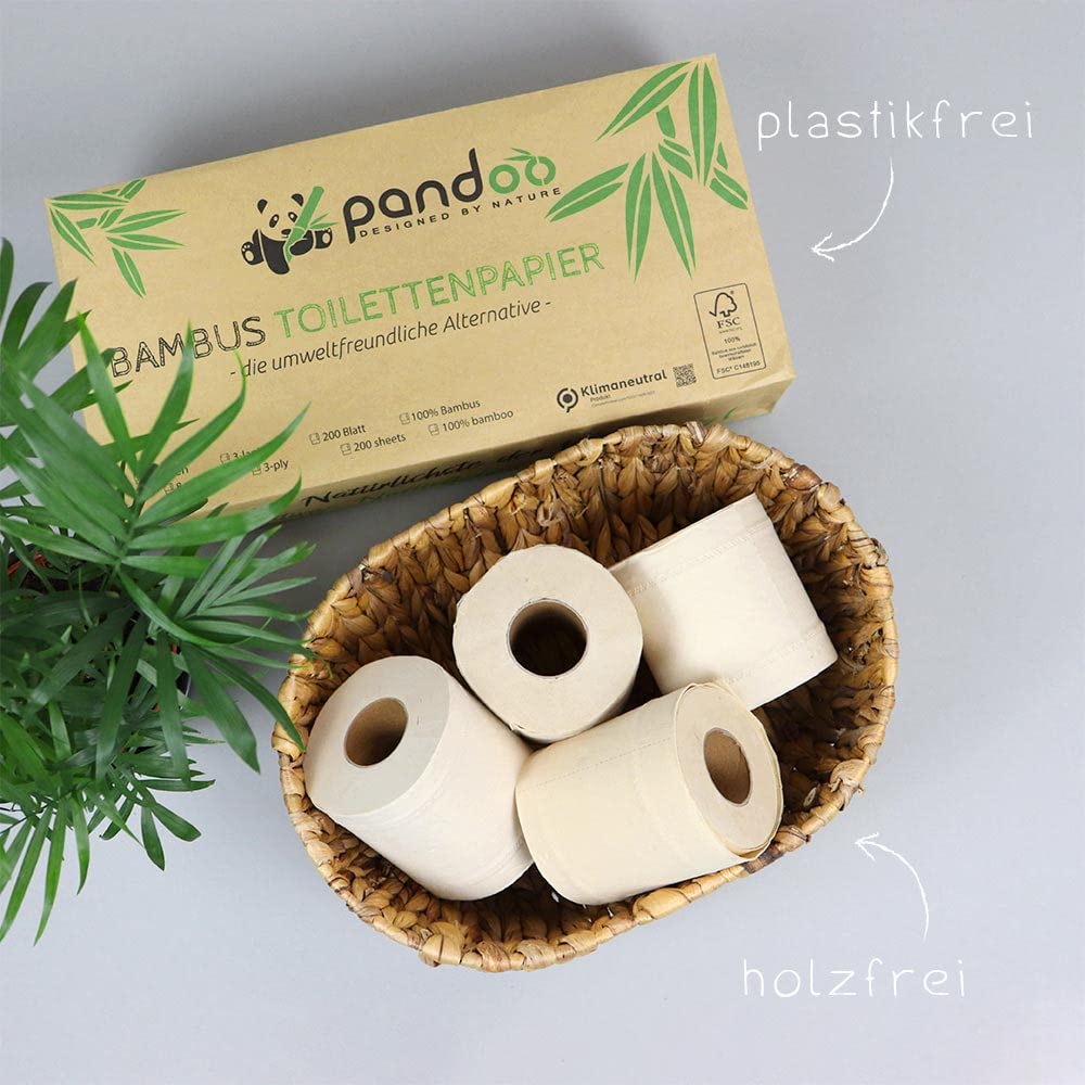 Amazon.com: Pandoo 100% bamboo toilet paper, unbleached, wood-free toilet  paper in plastic-free bamboo packaging, 8 rolls of 200 sheets, 3-ply and  cuddly soft. : Health & Household