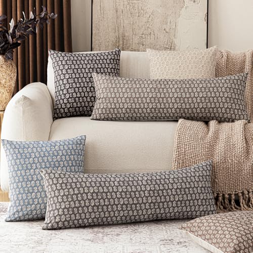 Image of Foindtower Set of 2 Decorative Vintage Long Lumbar Throw Pillow Covers Neutral Modern Farmhouse Cushion Covers Floral Home Decor for Sofa Couch Chair Bedroom Living Room,14x36 Inch,Rustic Gray