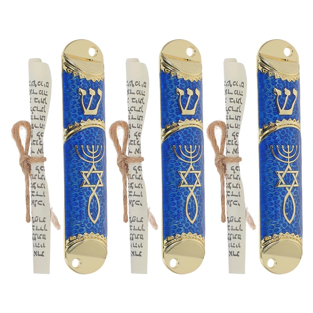 LOGOFUN 2Sets Antique Decorative Metal Jewish Case with Scroll for Front Door Religious Blessing Ornament Home Decor - Golden Blue 106mm