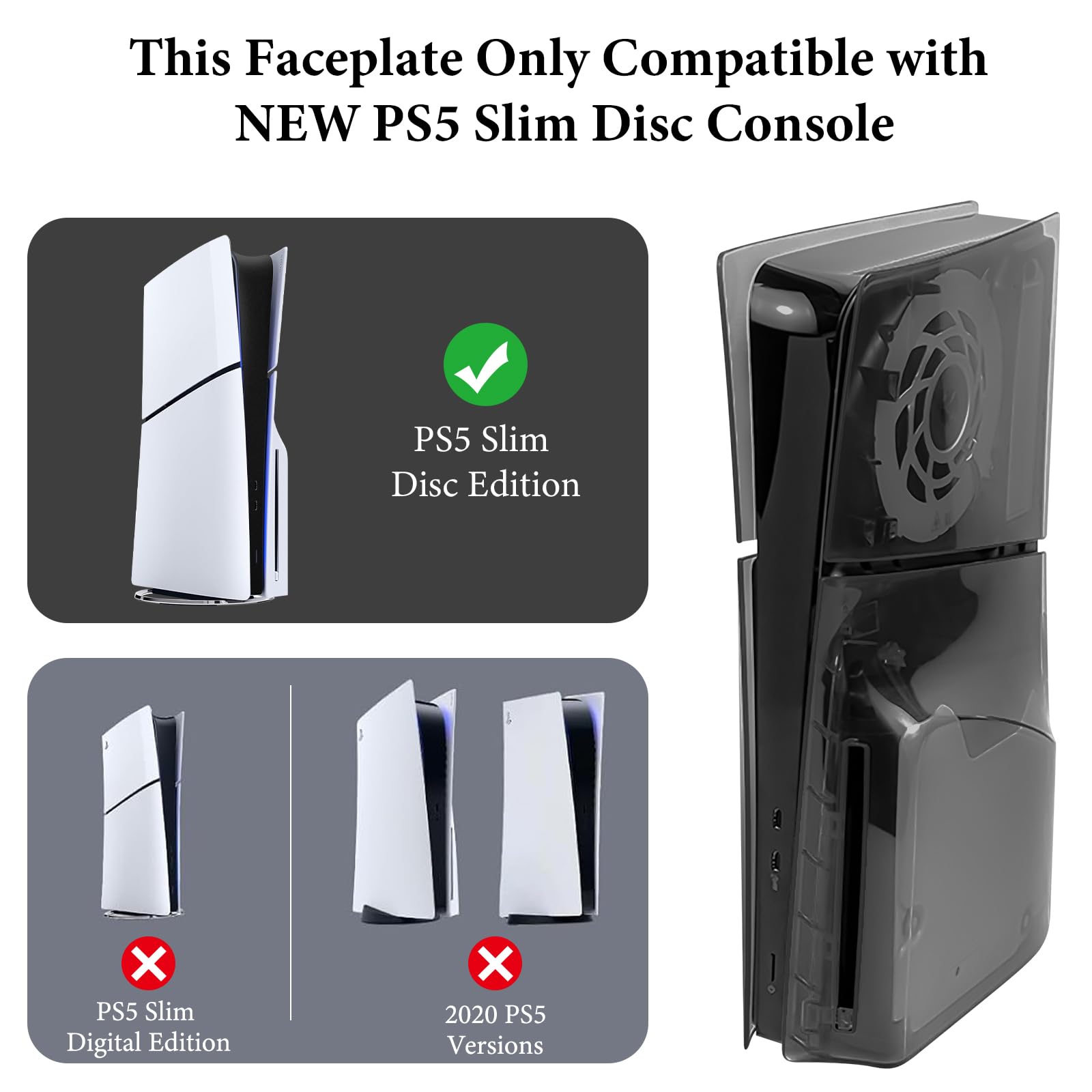 Geekria Cover Trasparente Compatibile con PS5, PlayStation 5 Slim Disc Edition, Custodia di Ricambio con Ventola di Ventilazione, Pannelli Laterali della Custodia Rigida in ABS Antipolvere (Nero)