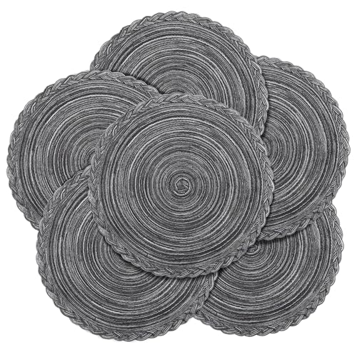 fanquare Modern Grey Placemats Set of 6, 38 cm Round Cotton Woven Stain Heat Resistant Placemats