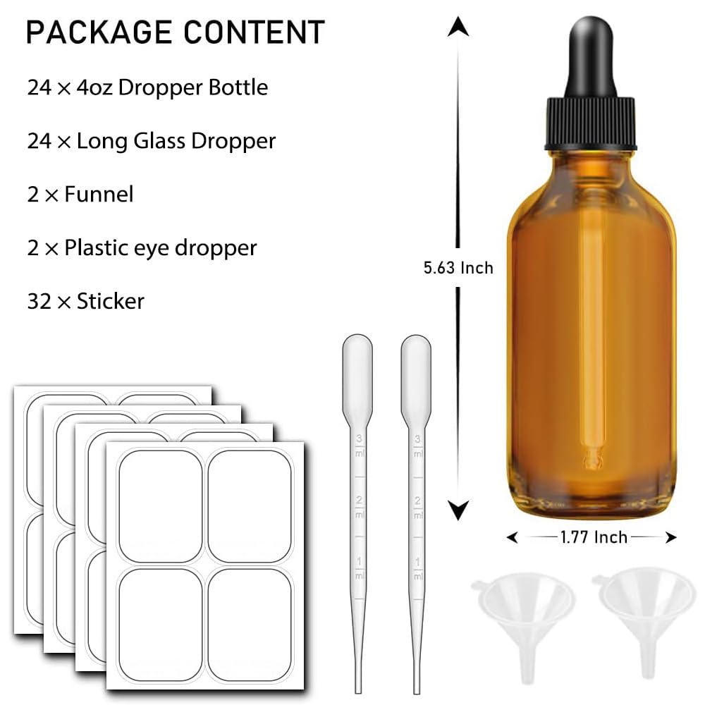 Bumobum Botellas cuentagotas de 4 onzas para aceites esenciales, paquete de 24 botellas de vidrio ámbar de 120 ml con cuentagotas para ojos, 2 embudos y 2 cuentagotas largos, botellas vacías de