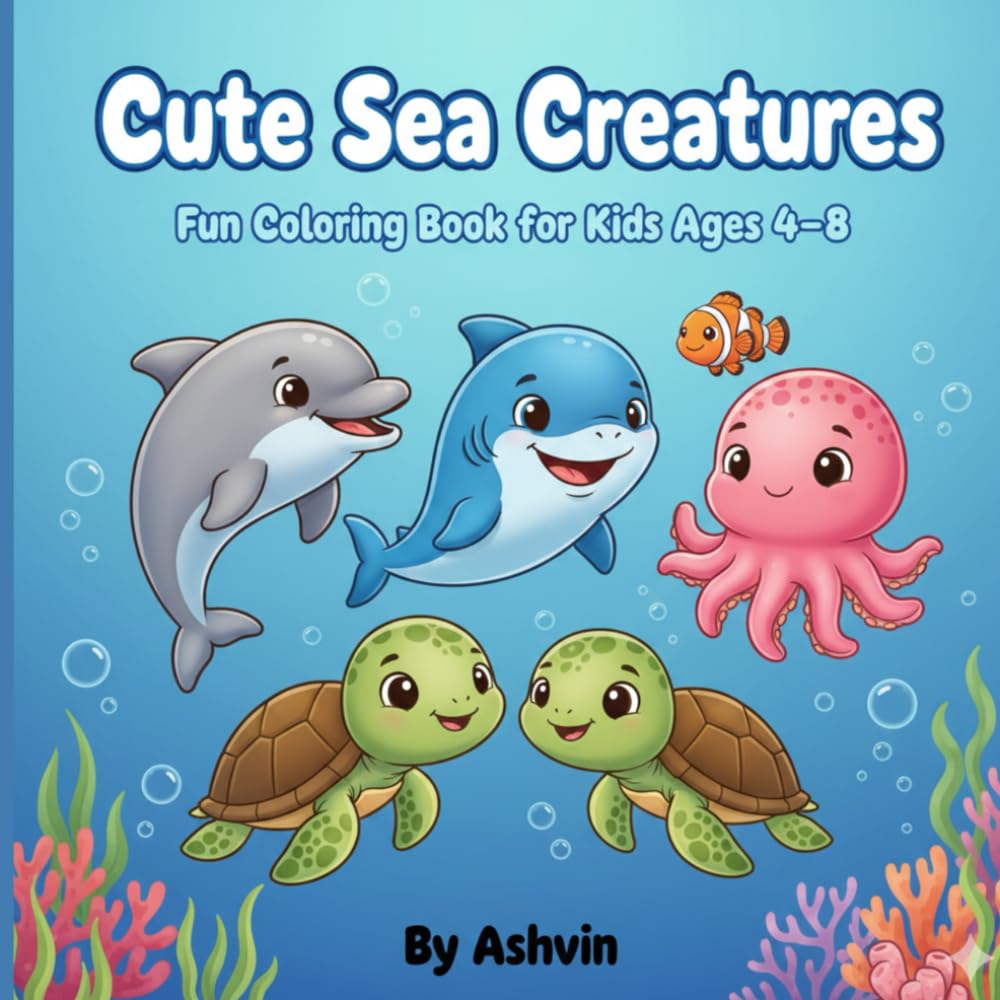 Cute Sea Creatures: Fun Coloring book for Kids Ages 4 - 8