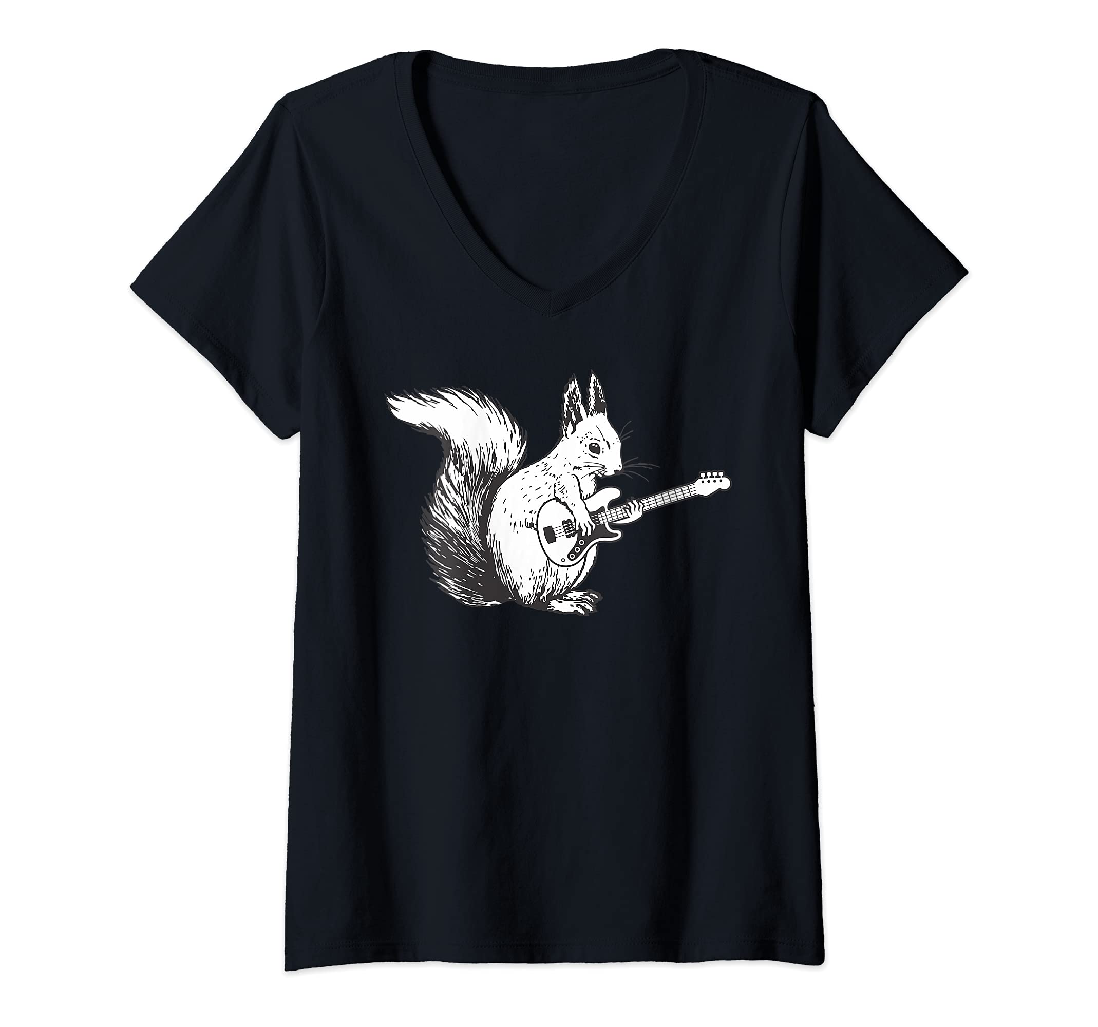 Womens Squirrel Playing Guitar Awesome Guitar Lover V-Neck T-Shirt, Black