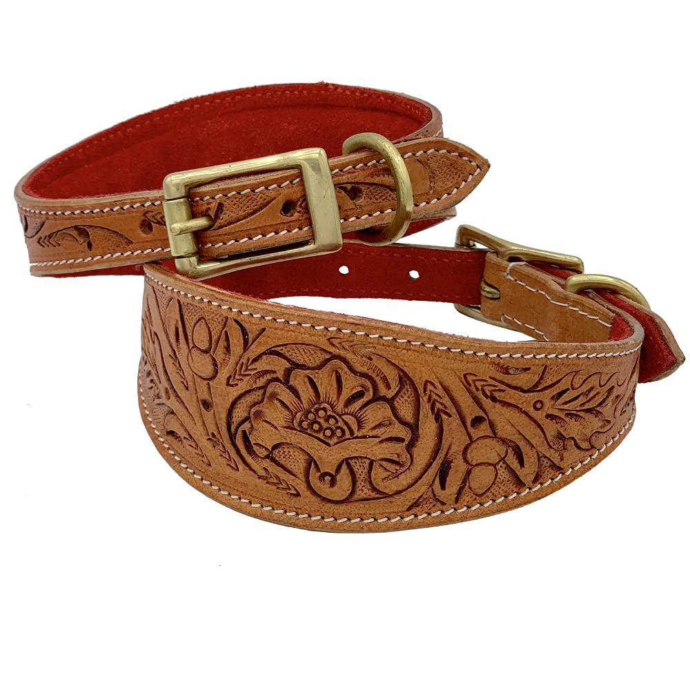 Astile Leather Whippet Dog Collar Vegetable Tanned Leather Dog Collar Greyhound Lurcher Hand Tolled (Neck Size 13 Inch To 16 Inch)