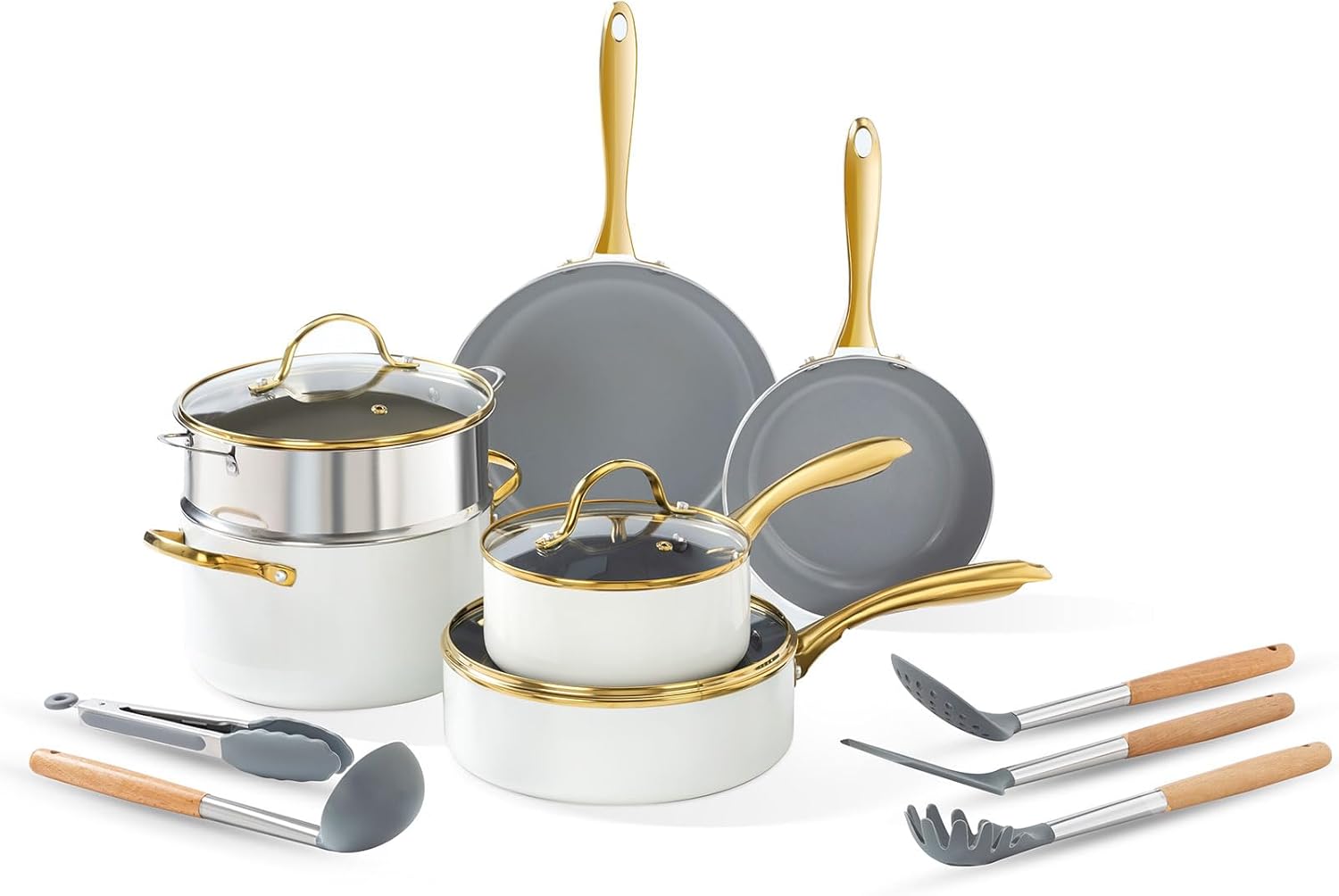 ceramic cookware set,Healthy,Non Toxic,Pots and Pans Set non stick,14-Pcs Kitchen induction cooking Sets, nonstick Pot and Pan Set with silicione Utensils,PFOS/PFOA Free,Cream and Gold