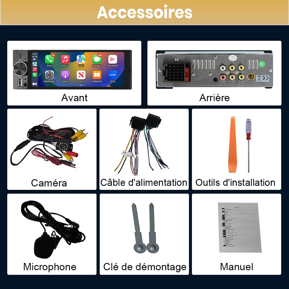 Junsun Autoradio 1 DIN Écran Tactile 6,36" avec CarPlay & Android Auto, Bluetooth, GPS, FM, Charge Type-C, 2 USB, Microphone, Égaliseur, Commandes au Volant