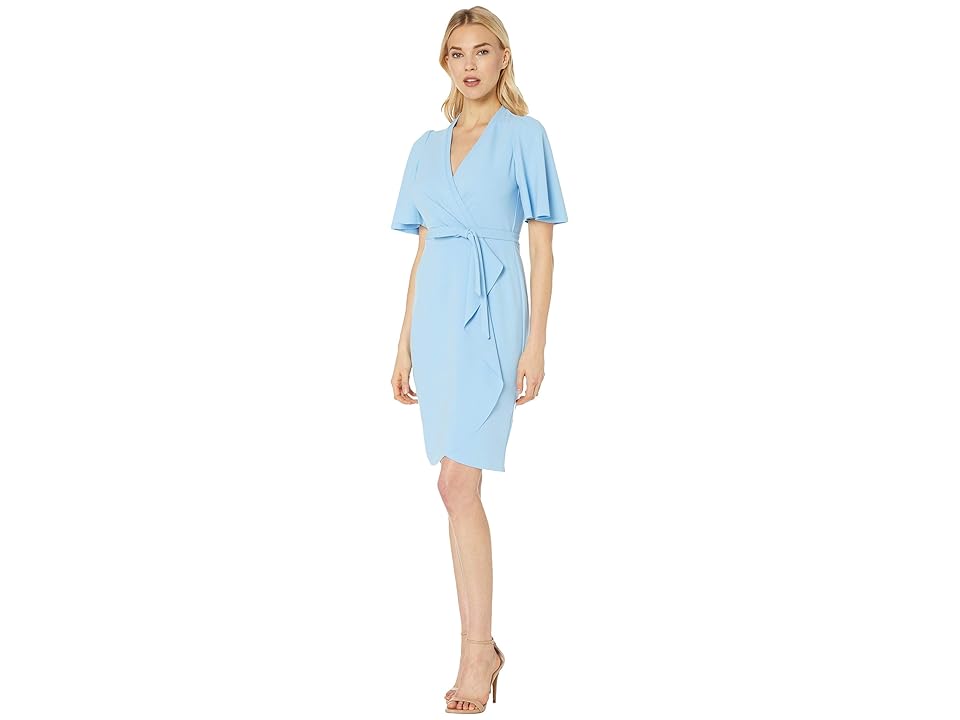

Donna Morgan Crepe Faux Wrap w/ Flutter Sleeve (Blue Cadet) Women's Dress