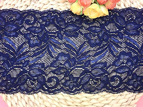 15Cm Width Europe Floral Pattern Elastic Nylon Lace Trim,Curtain Tablecloth Slipcover Bridal Diy Clothing/Accessories.(4 Yards In One Package) (Navy Blue) #TOP1