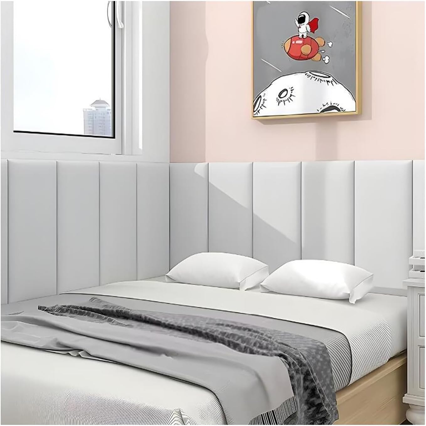 Self-Adhesive Leather Wall Panels, 3D Anti-Collision Headboard Padding for Bedroom, Dojo, Playroom - Wall-Mounted Bed Backsplash, White, 100x50cm