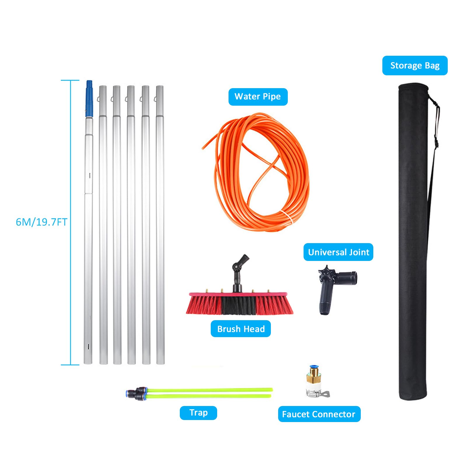 Kit de limpieza de paneles solares de 512 m con poste de alimentación de agua y cepillo de 30/50 cm, ideal para limpieza de ventanas al aire libre, mantenimiento eficiente del panel solar, sistema de