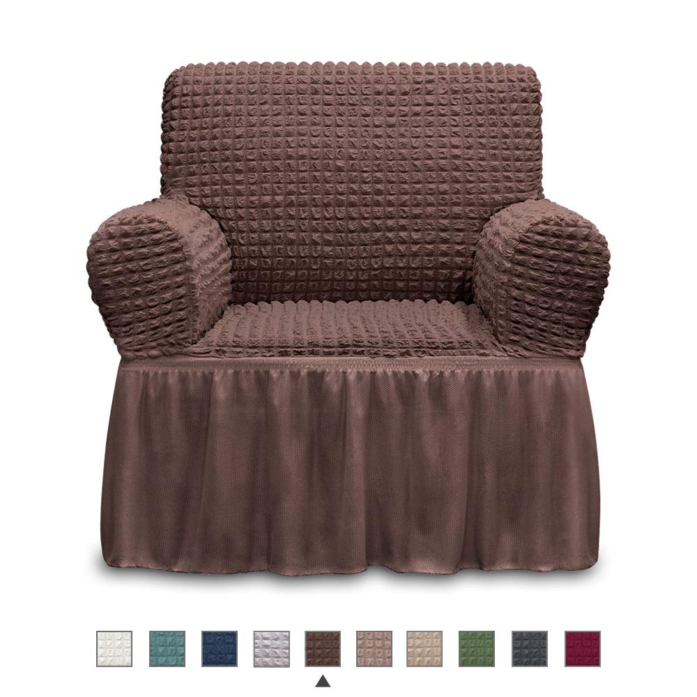 NICEEC Armchair Slipcover Brown Armchair Covers 1 Piece Easy Fitted Sofa Couch Cover Universal High Stretchable Durable Furniture Protector with Skirt Country Style (1 Seater Chocolate Brown)