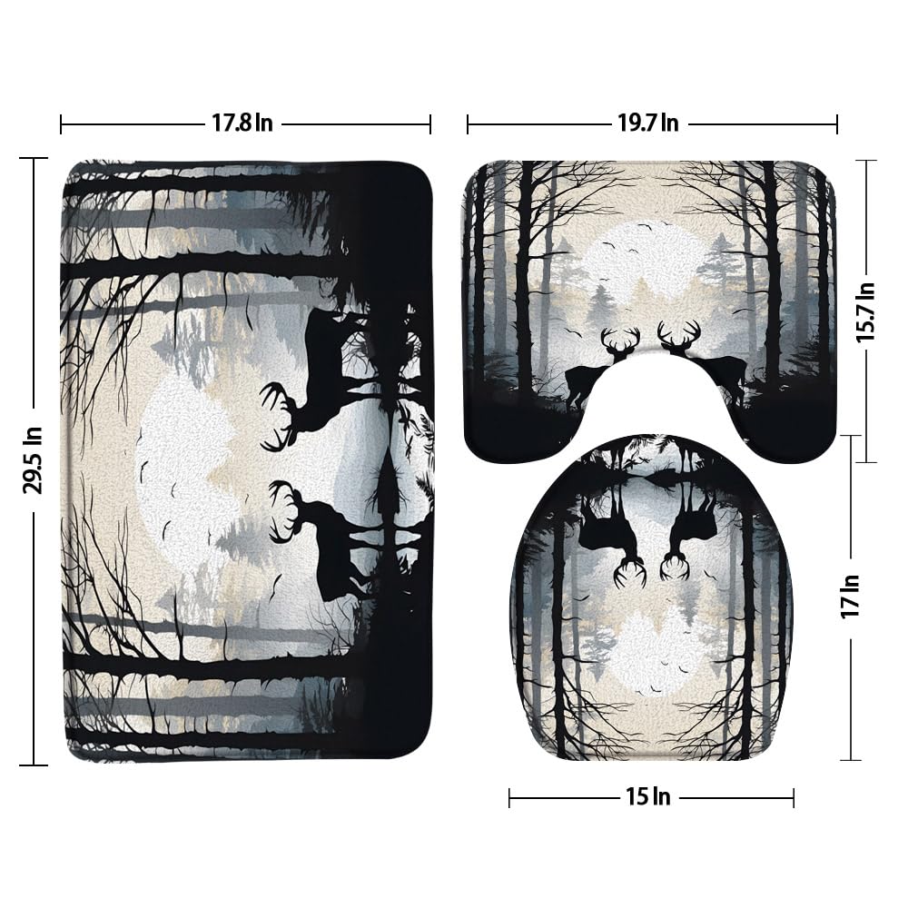 3pcs Forest Elk Bathroom Sets with Non-Slip Rug,Toilet Lid Cover and Bath Mat,Silhouette of Pine Forest Deer Birds Wildlife Autumn Woodland Cabin Animal Hunting Bathroom Carpet Bath Mat Toilet Rugs