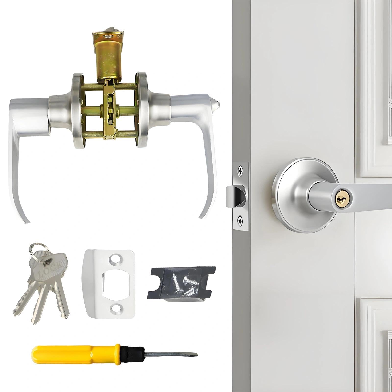 Plumaire Silver Door Handle Lock With Keys, Security Door Lock Set, Reversible Doors Handles, Bedroom Doors Locks, Security Locks Set, With Screwdriver, For Bedroom, Bathroom, Kitchen, Office,
