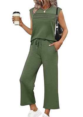WIHOLL 2 Piece Sets for Women Summer Lounge Sets Travel Vacation Outfits Cap Sleeve Sweatsuit Side Slit Wide Leg Pants S-3XL