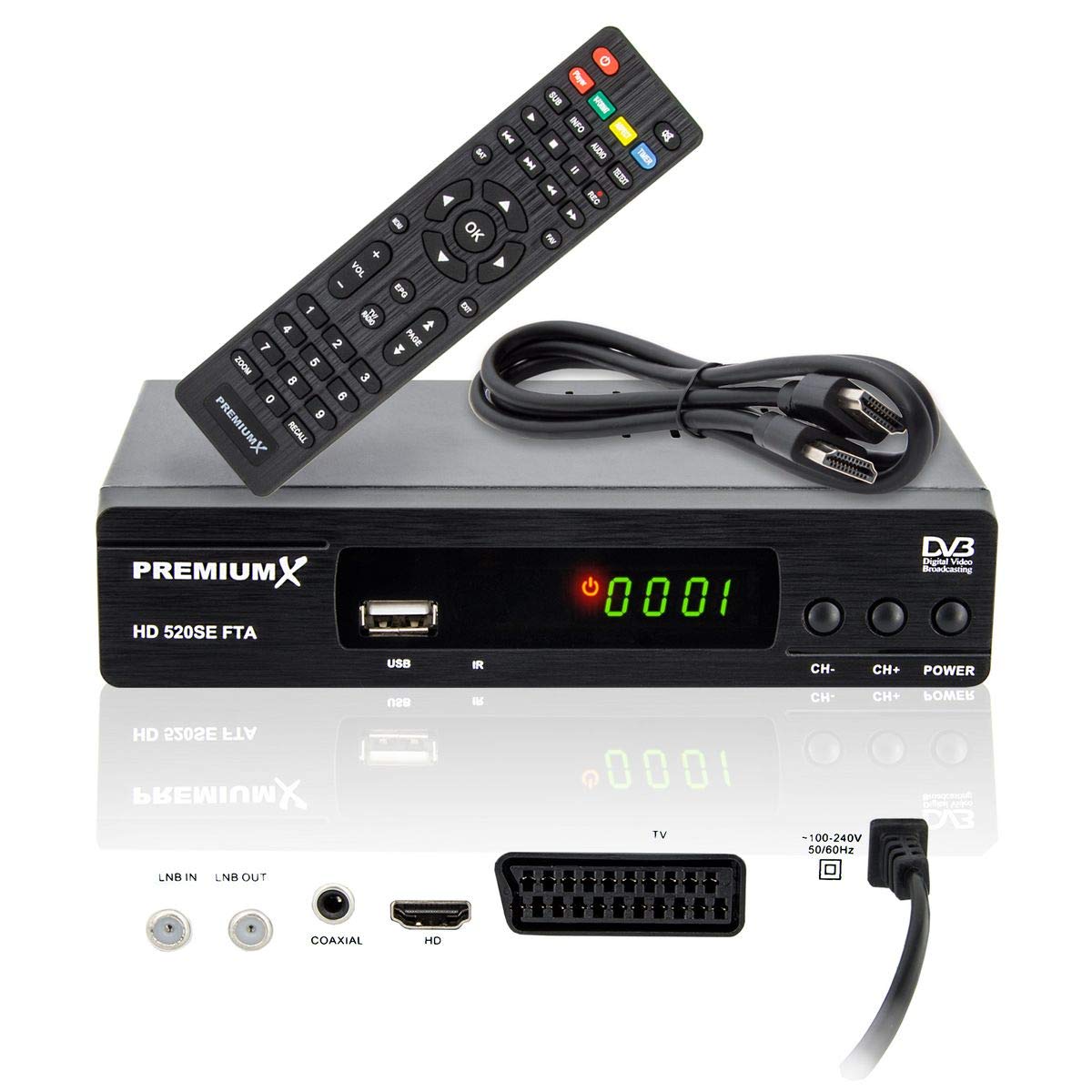 PremiumX Satelliten-Receiver PremiumX Satellite-Receiver HD 520SE-B FTA Digital SAT TV Receiver DVB-S2 FullHD HDMI SCART 2X USB Multimedia-Player
