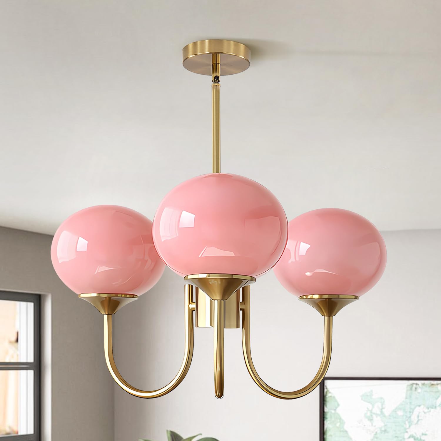 Pink Globe Chandelier for Girls Room Mid Century Modern 3 Light Pendant Lights Vintage Gold Semi Flush Dining Room Light Fixture Retro Pink Ceiling Lamp