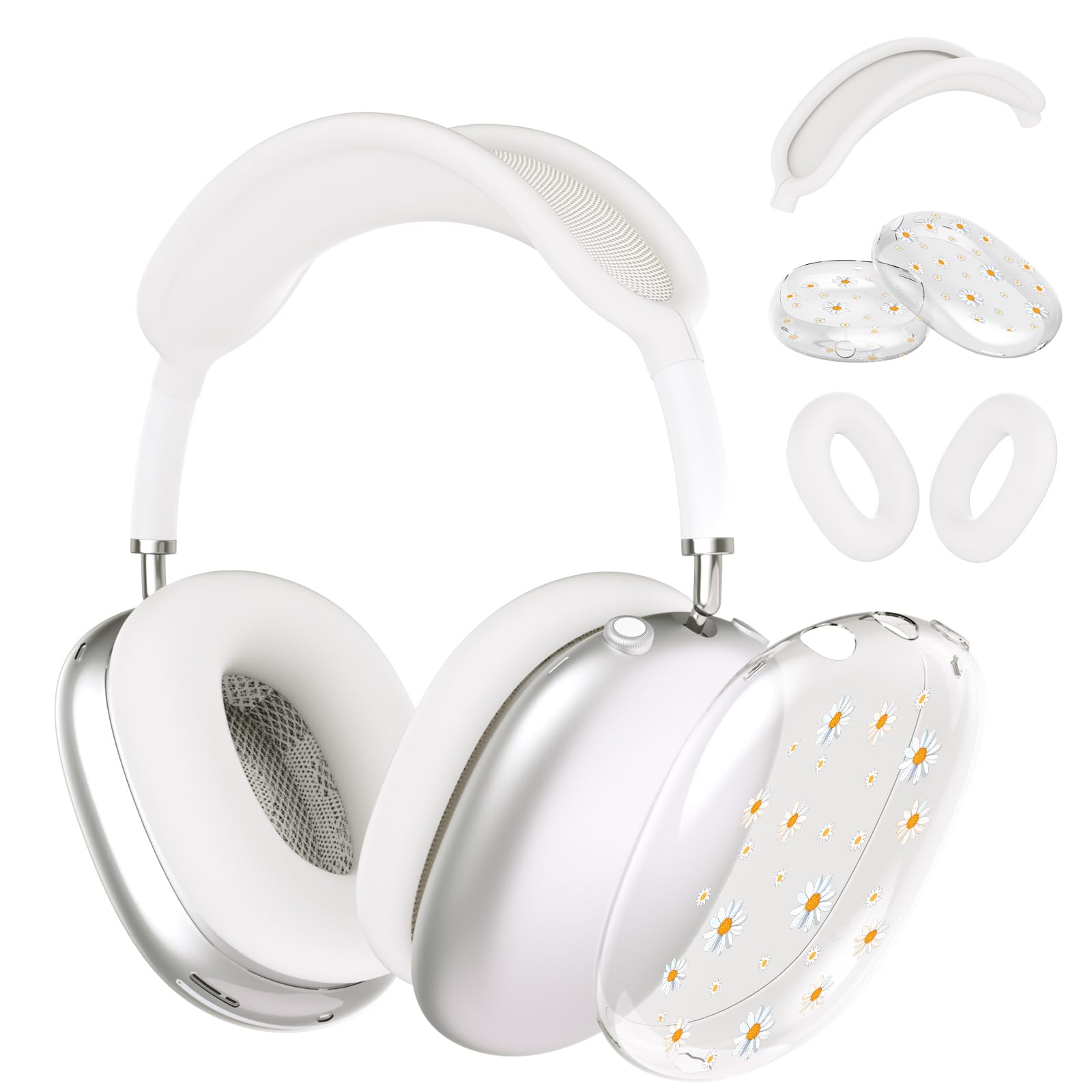 Idocolors Silicone Case Cover for AirPods Max Headphones, Clear Cute Daisy Soft TPU Ear Cups Cover/Ear Pad Case Cover/Headband Cover for AirPods Max (