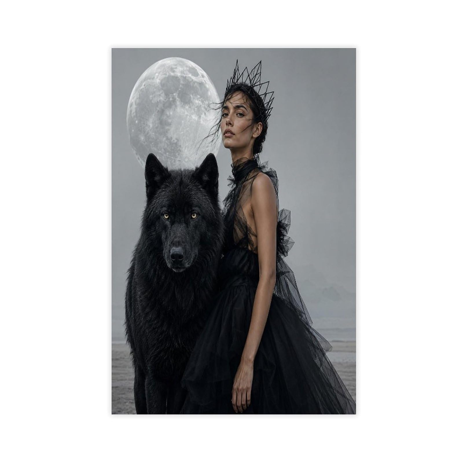W7c8u2x3 Unframe-Style-24 Woman With Black Wolf Canvas Wall Art, Moonlit Stage Entryway