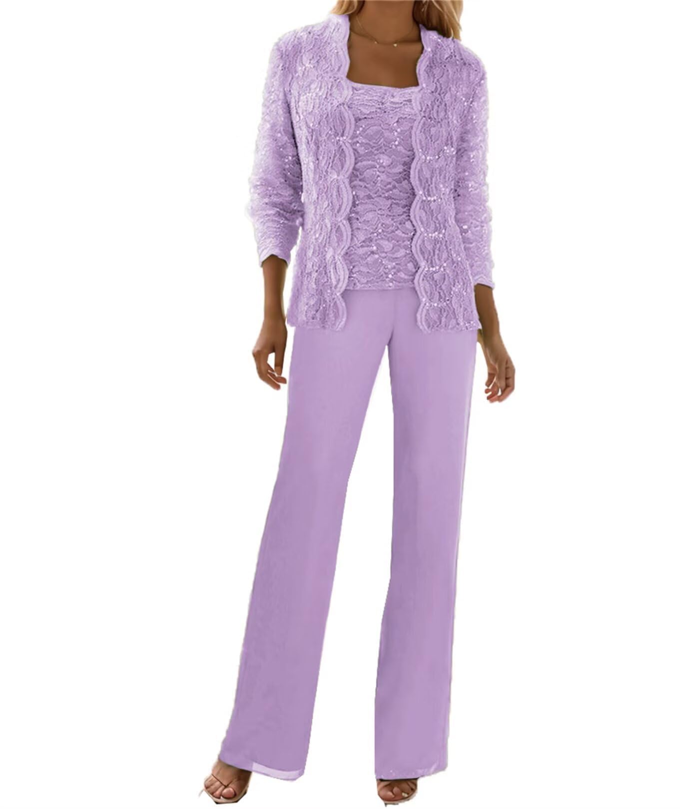 Chiffon Lace 3 Pieces Mother of The Bride Pant Suits with Long Sleeve Jackets for Women Wedding Evening