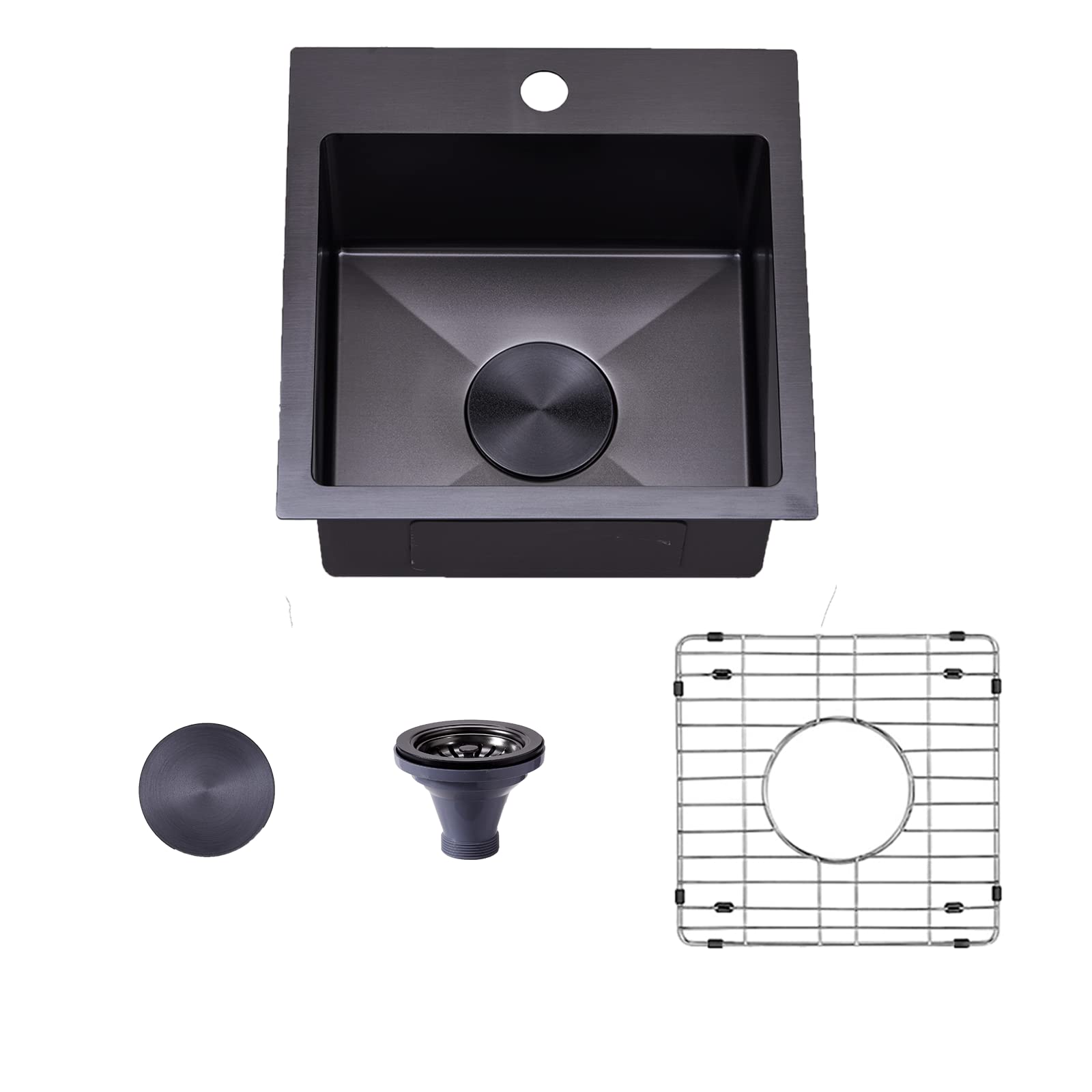 VAPSINT 15x15 Modern Commercial Topmount Drop in Black Bar Sink,Single Bowl Bar Rv Kitchen Sink with Stainless Steel Grid&Strainer