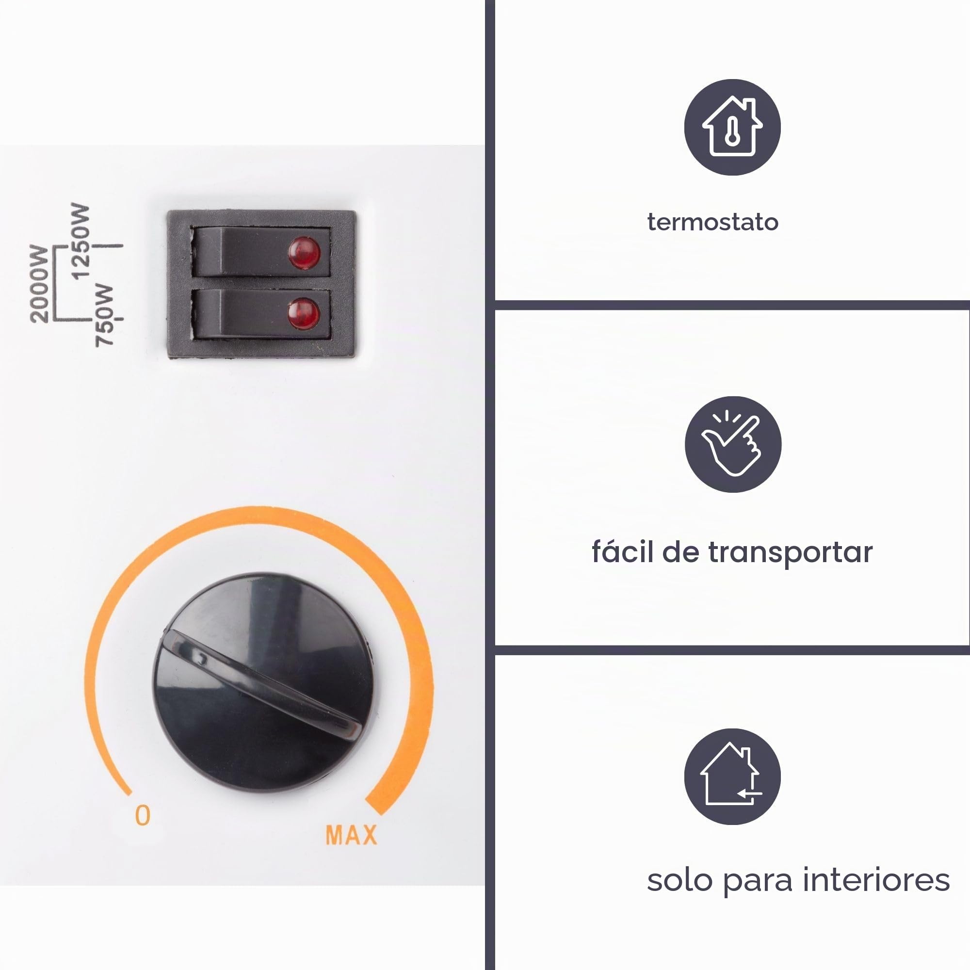 Perel Calefactor convector 2000W, convector eléctrico con 3 niveles de calor, termostato, IP20 protección contra sobrecalentamiento, portátil o montaje mural para estancias hasta 60 m³