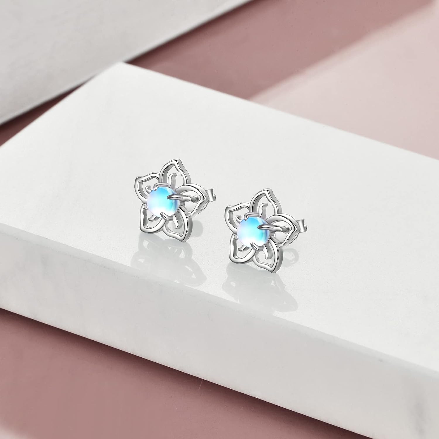 Flower Moonstone Earrings Sterling Silver Stud Earrings Moonstone Jewelry for Women Hypoallergenic Earrings for Sensitive Ears - Image 4