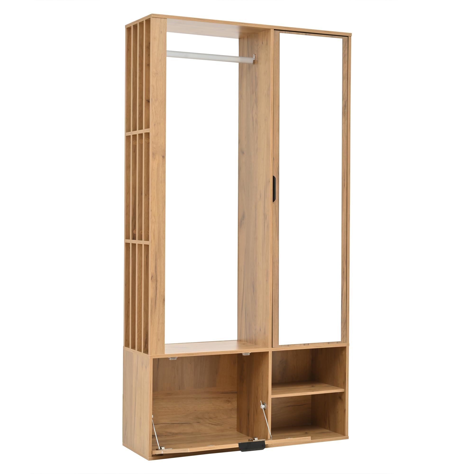 MURUL Armario 6 en 1, 100 x 33 x 190 cm, natural, con espejo, tendedero y puerta, armario de pasillo de 100 cm de ancho para colgar abrigos